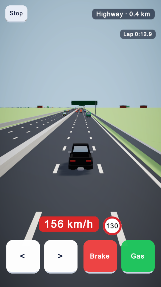 Driving a car on a busy three lane highway